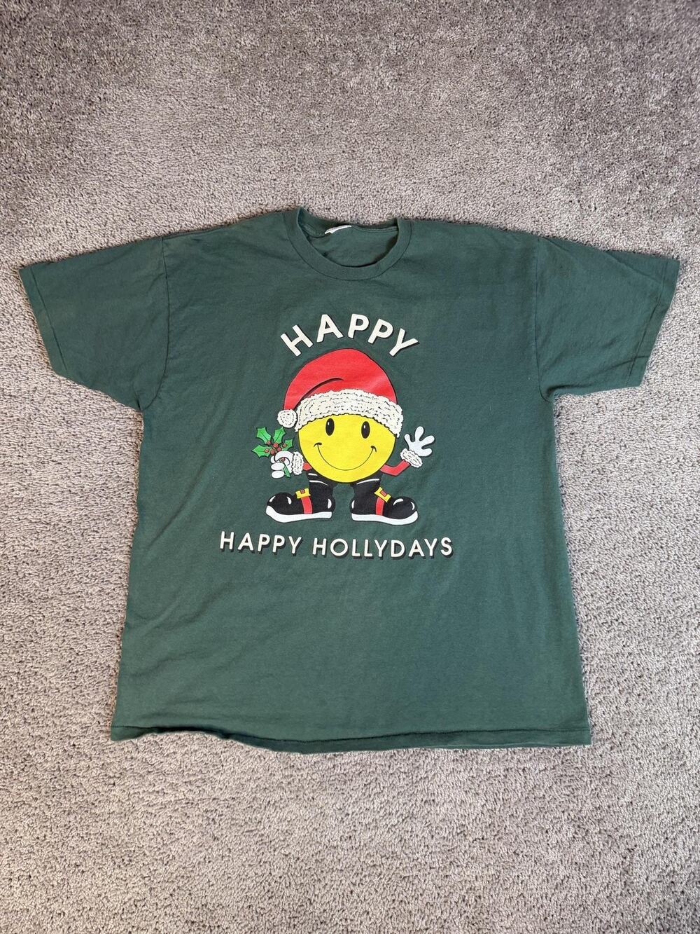 Vintage Smiley Face Mens XL Green Happy Hollydays Santa Graphic Cotton 90s